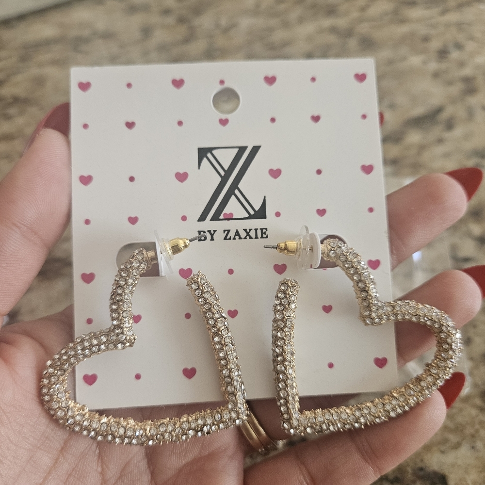 Zaxie Open Heart Hoop Earrings Pave Glass Stone Yellow Gold Plated Hoops Womens